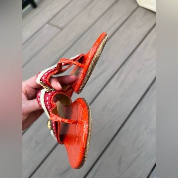 Salvatore Ferragamo red orange T strap rope crock embossed leather sandals 7.5 - Picture 7 of 16